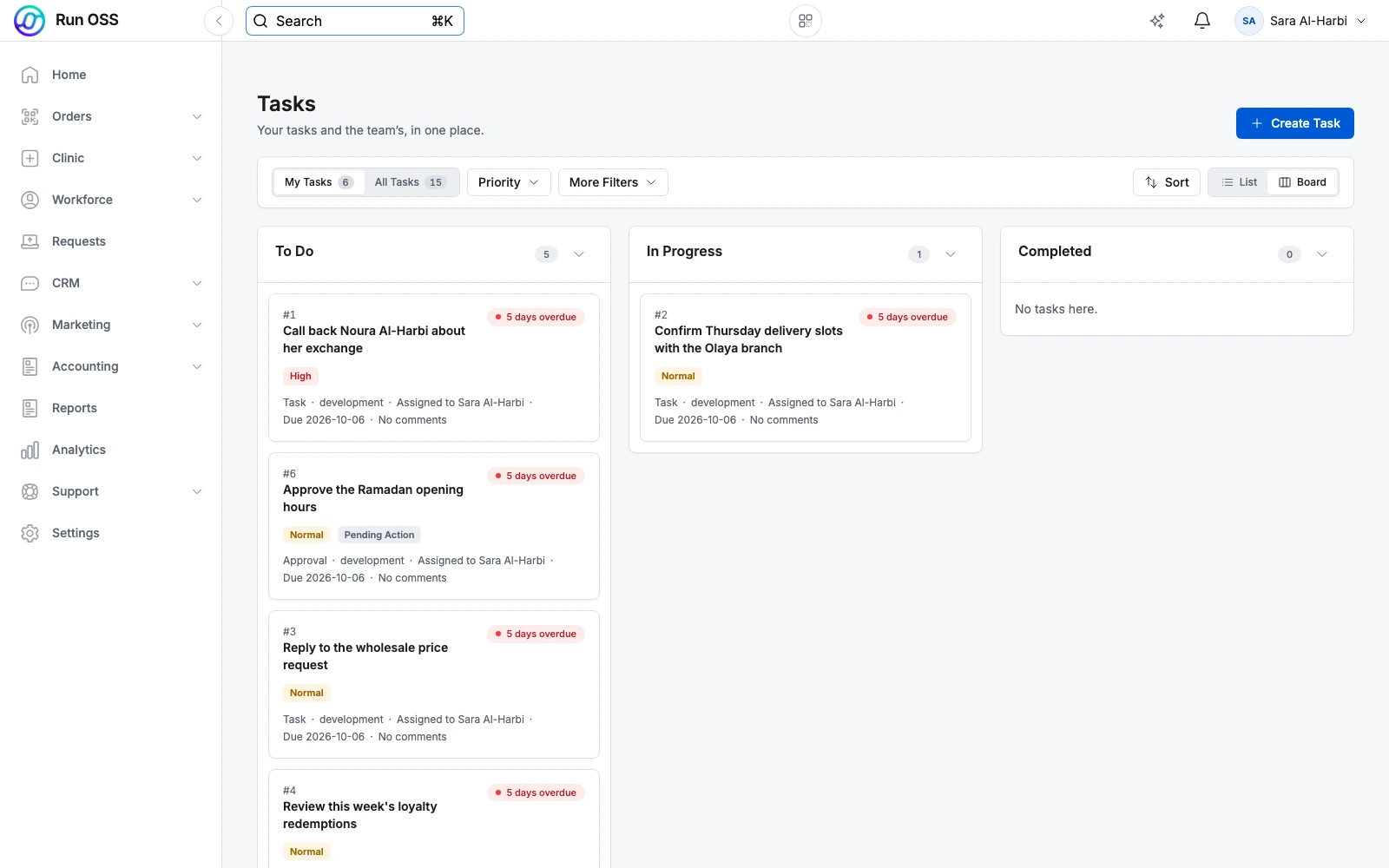 The task board with To do, In progress and Completed columns, each task showing its owner and priority