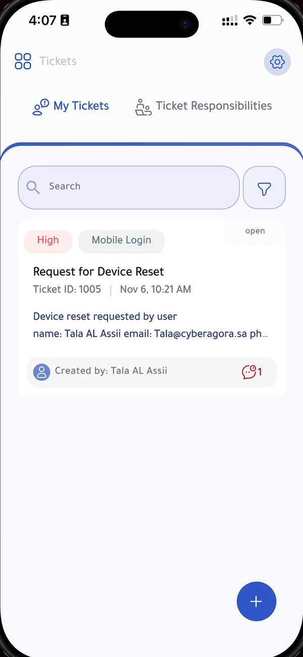 The OSS Connect app on a phone: open support tickets