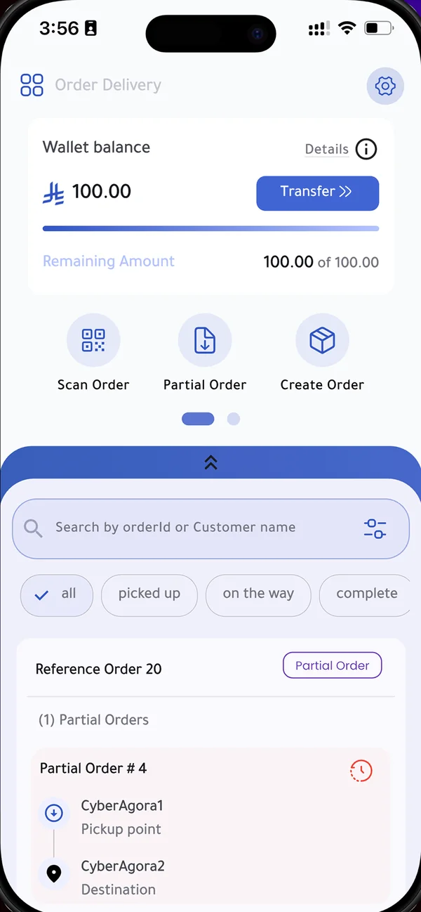 The OSS Connect app on a driver's phone: the orders picked up, on the way and delivered